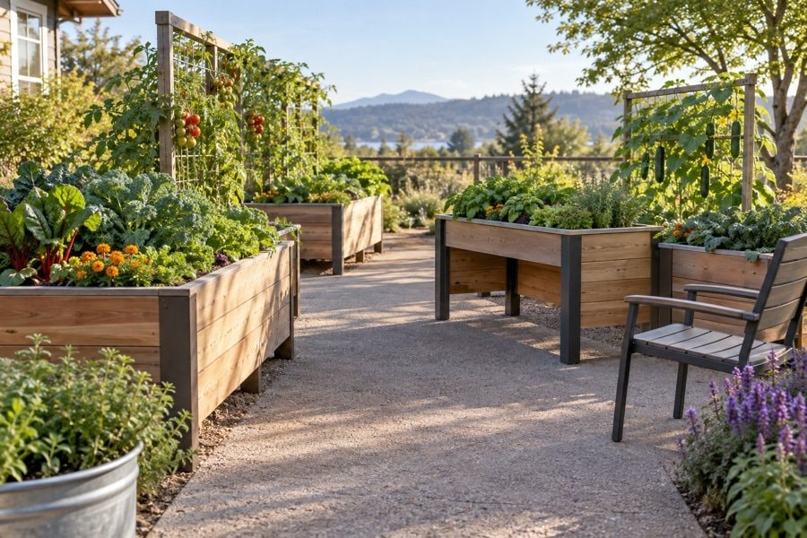 Accessible raised beds and low trellises beside broad firm garden paths