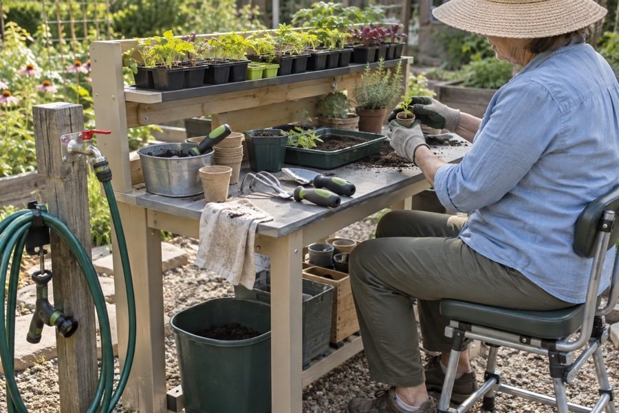 Simple adapted garden setup with raised trays, light containers and reachable water