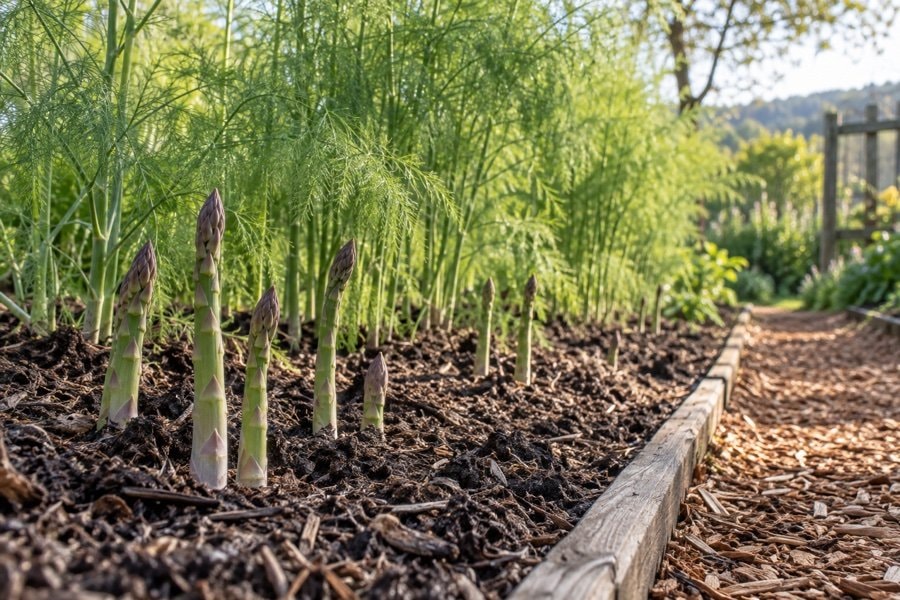 Spring asparagus spears emerging beside tall healthy green ferns
