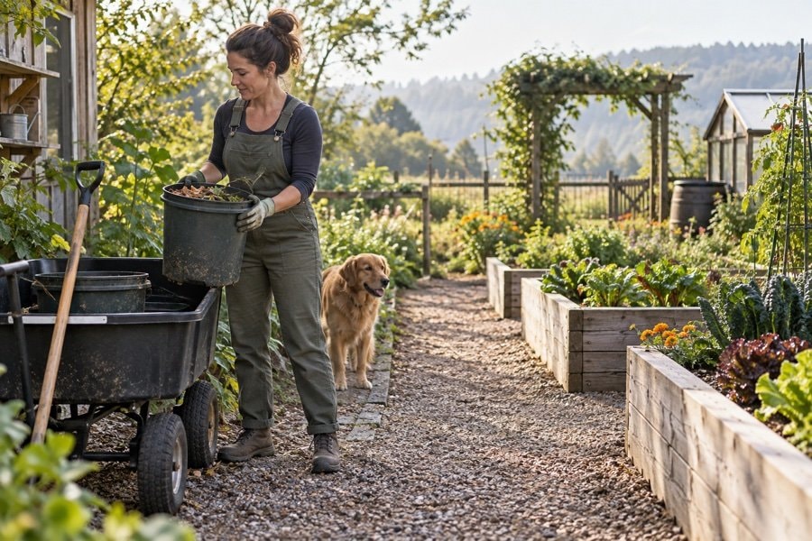 Gardener lifting a small compost bucket close to the body with stable footing