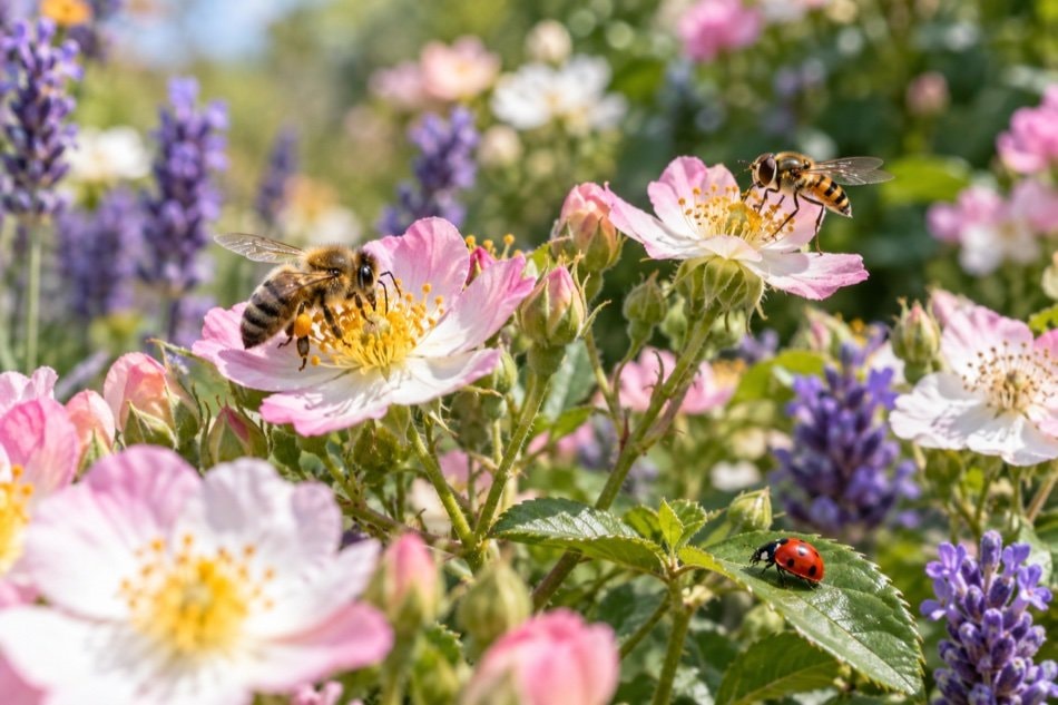Hoverfly and bee feeding among clusters of small garden flowers