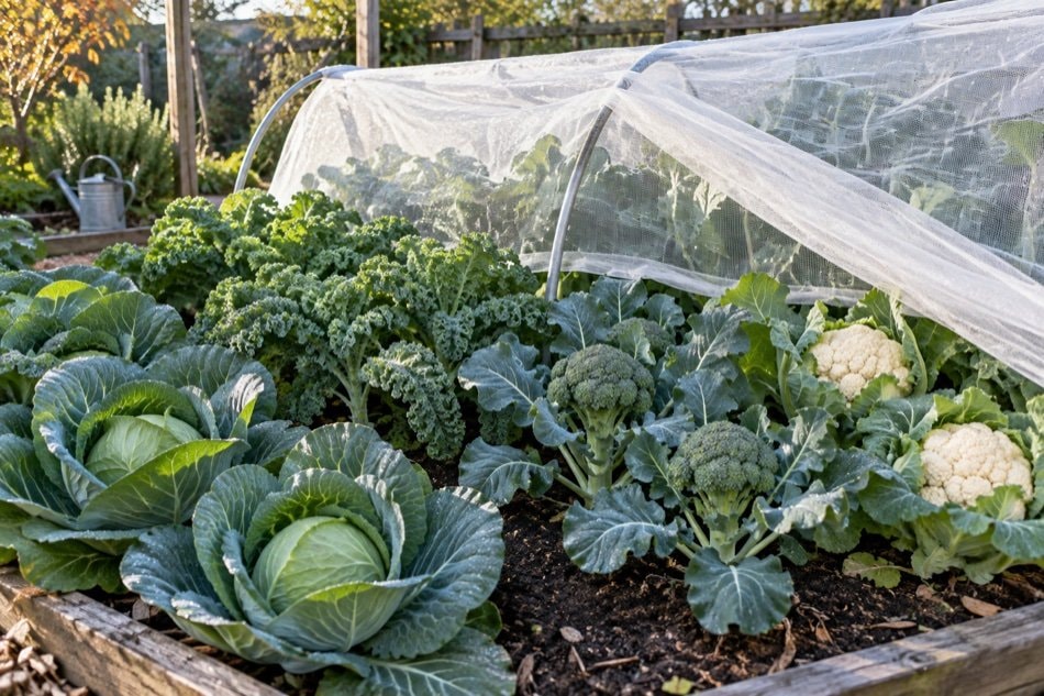 Healthy mixed bed of cabbage, kale and broccoli under fine insect netting