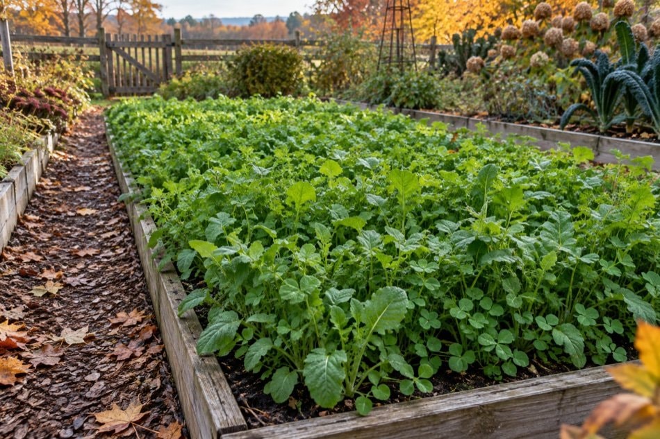 Dense green cover crop protecting an empty home garden bed