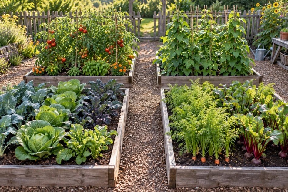 Four garden beds containing different vegetable families in an orderly rotation
