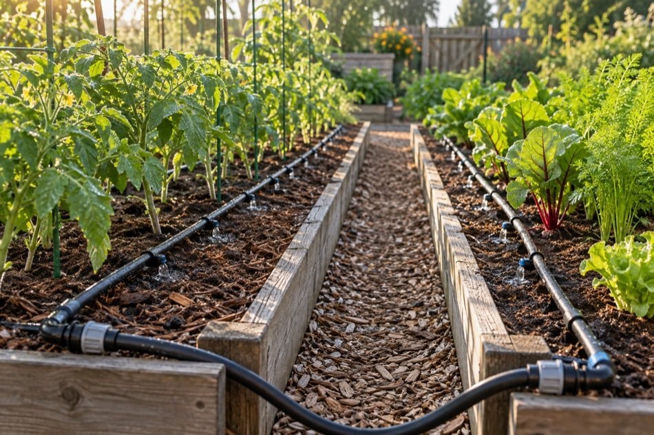 Drip irrigation lines delivering water along rows of healthy vegetables