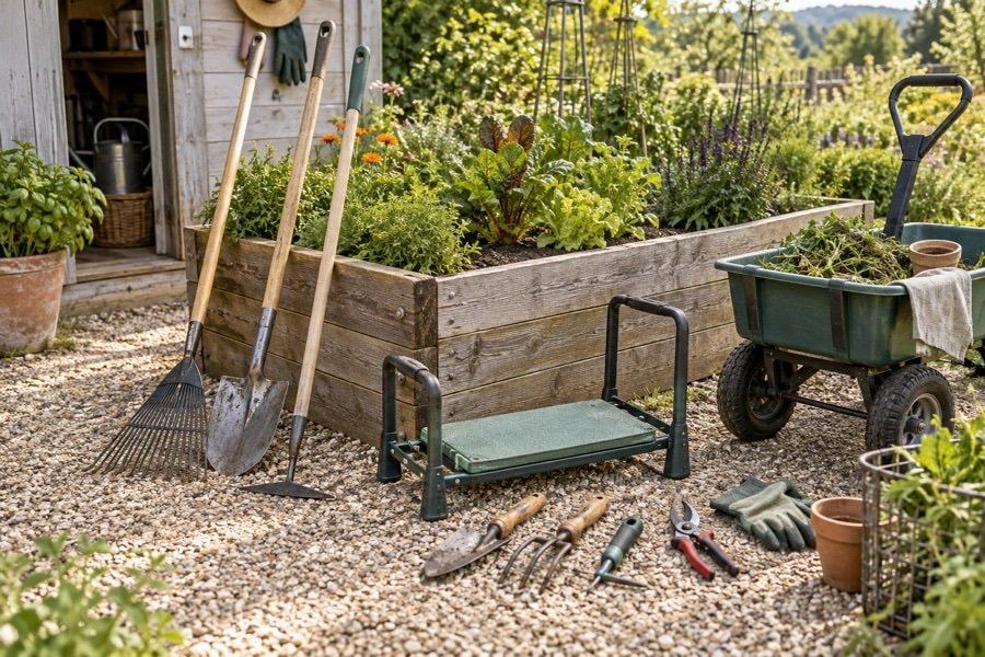 Lightweight long-handled garden tools arranged for testing grip and balance