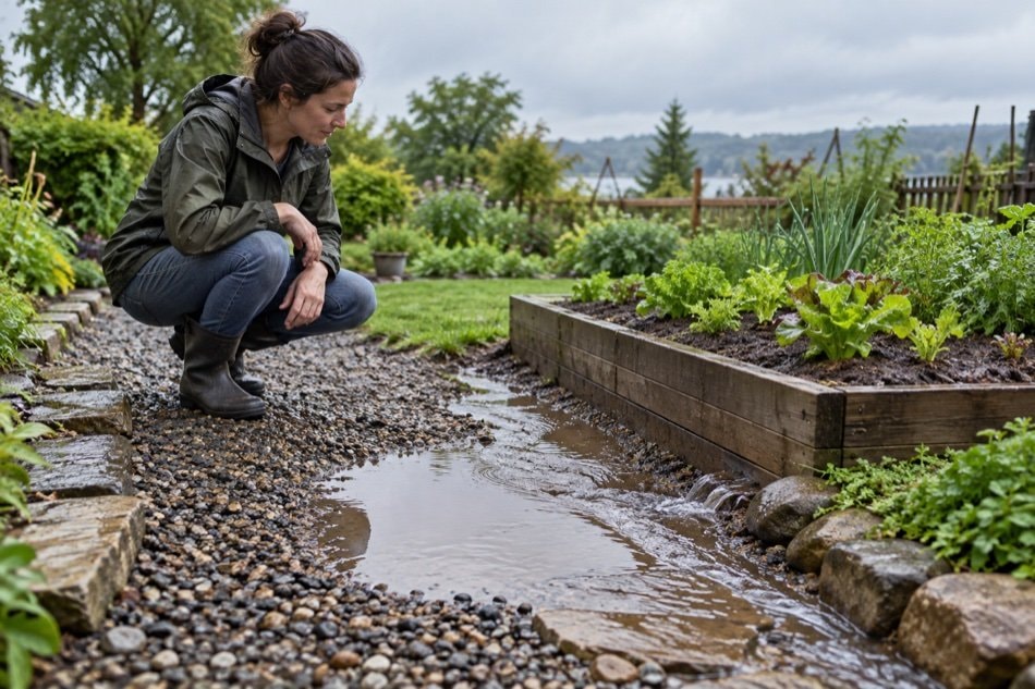 Shallow planted garden swale directing rainwater away from raised beds