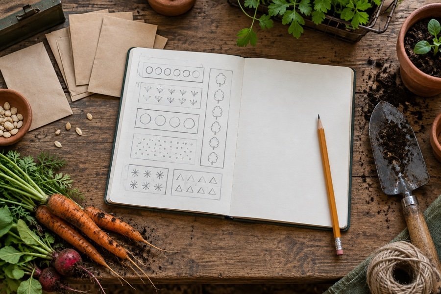 Open garden notebook with bed map beside seed packets and a trowel