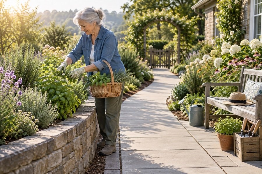 Older gardener tending reachable herbs along a smooth well-lit garden path
