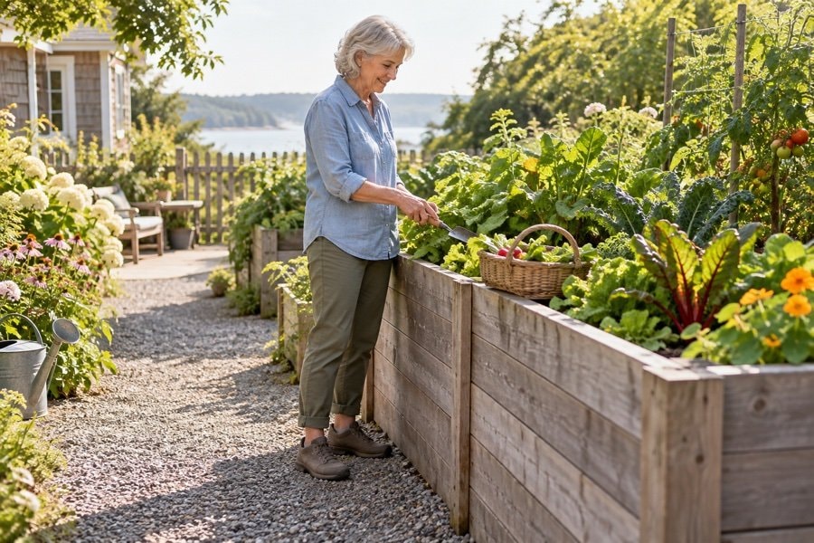 Gardener working comfortably at a waist-high vegetable bed with tools nearby