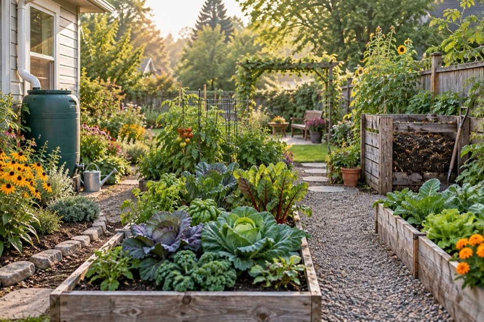 Organized home garden with vegetable beds, flowers and clear working paths