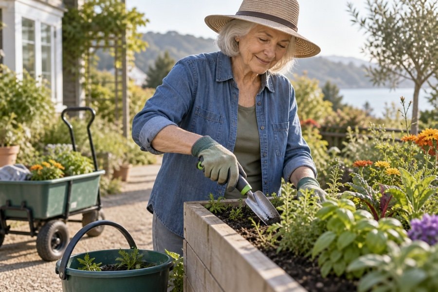 Gardener using large-grip hand tools at a comfortable elevated planter