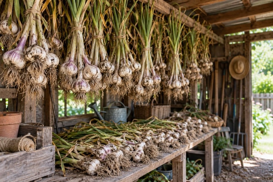 Freshly harvested garlic bulbs curing in a shaded airy garden shed