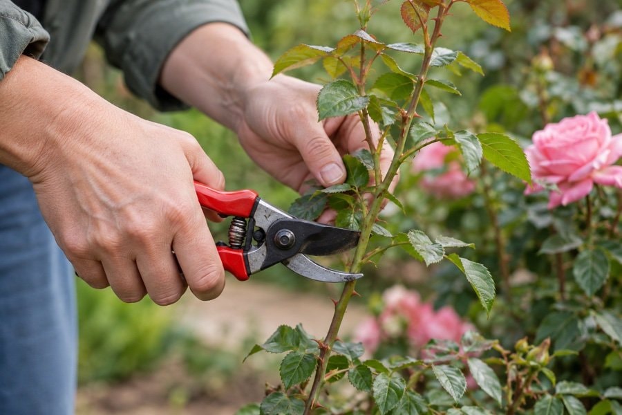 Close view of relaxed hands using clean sharp garden pruners on a thin stem