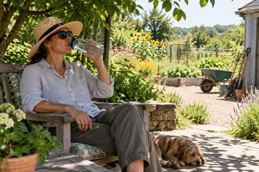 Gardener drinking water in deep shade while wearing a broad-brimmed hat