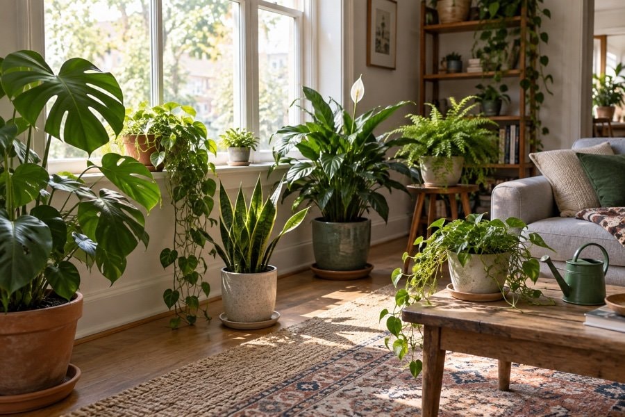 Houseplants arranged at different distances from a bright window