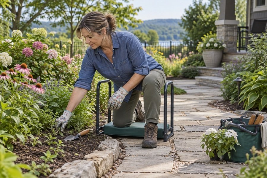 Gardener using a padded kneeler with stable handles beside a flower bed