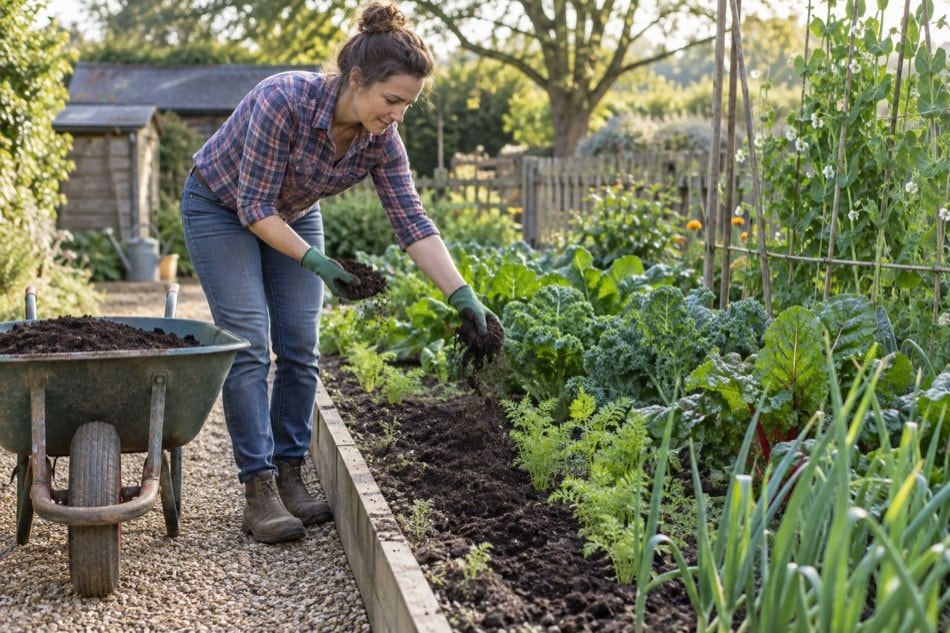 Gardener spreading finished compost over an undisturbed vegetable bed