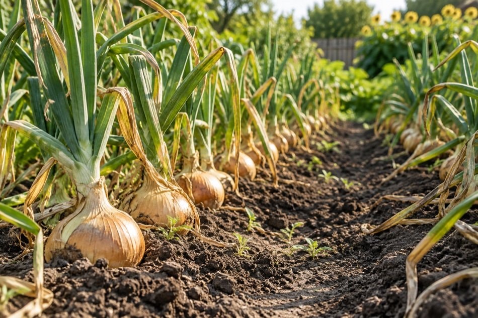 Rows of mature onions with tops falling naturally in a sunny garden