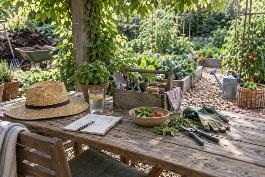 Organized garden work area with a short task list, water and tools in shade