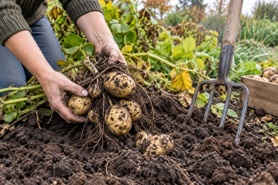 Gardener gently lifting clean potatoes from a loose garden hill