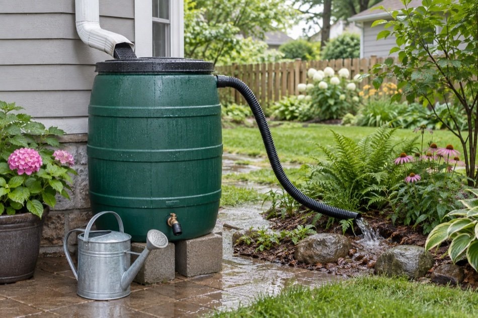 Screened rain barrel beside a garden with a safe overflow hose