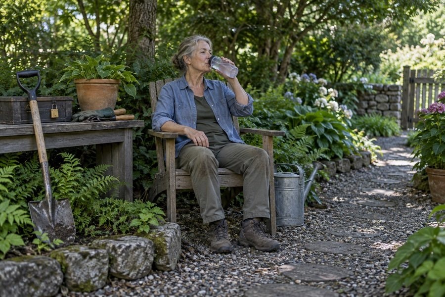 Gardener resting in a shaded chair after safely putting away garden tools