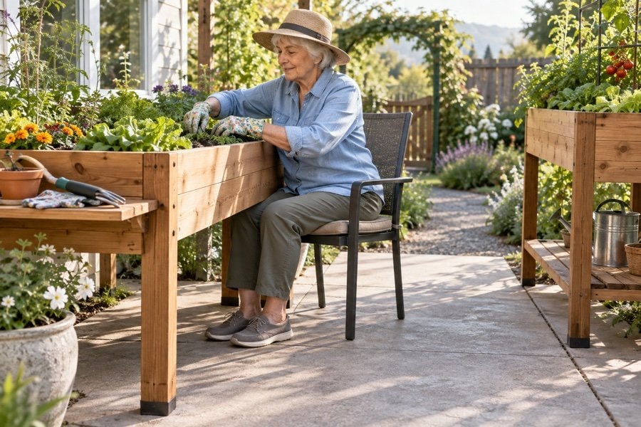 Seated gardener working at a planter with open knee space and tools nearby