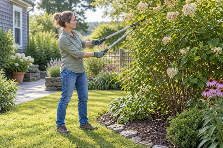Gardener pruning a reachable shrub from stable ground with relaxed shoulders