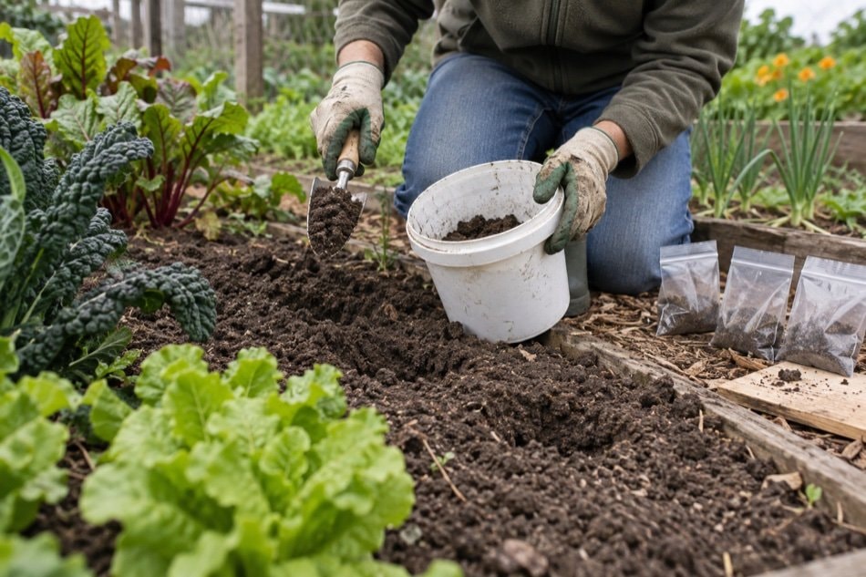 Gardener collecting soil samples from several points in a vegetable bed