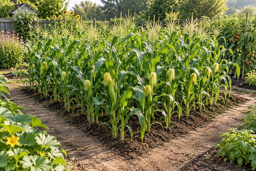 Compact block of sweet corn growing in several short garden rows