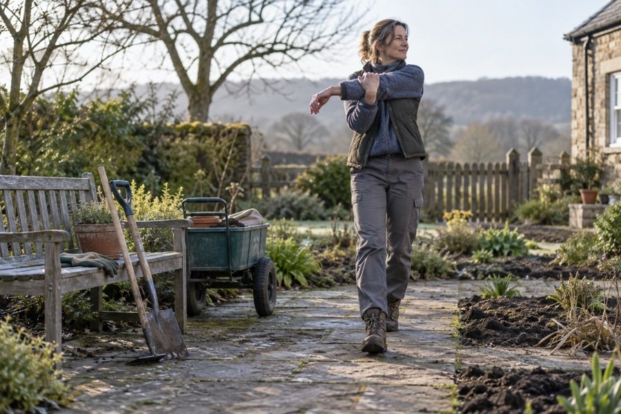 Gardener walking and gently warming up beside prepared tools before digging