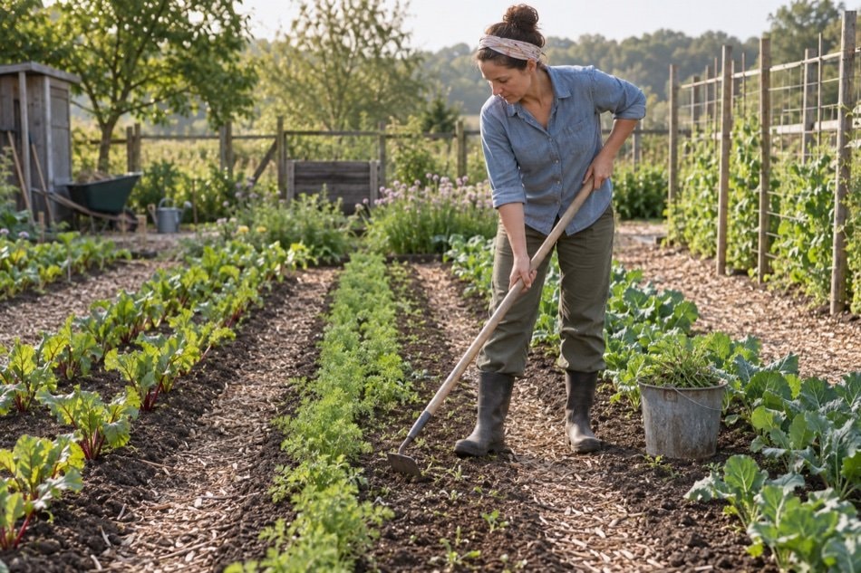 Gardener using a sharp long-handled hoe on tiny weeds between rows