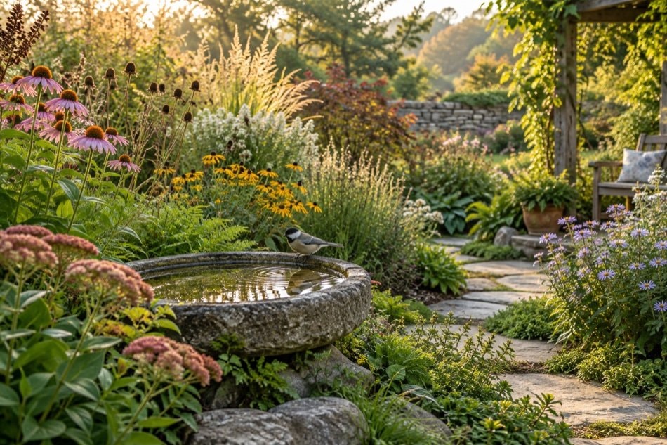 Layered backyard habitat with flowers, shrubs, water and visiting birds
